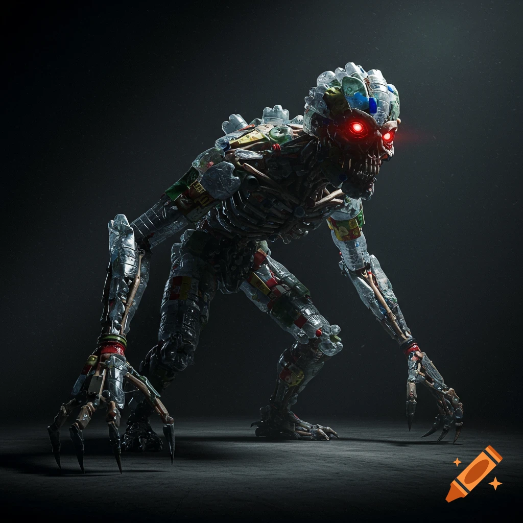 A terrifying monster made of plastic bottles stands in a dark room with glowing red eyes.