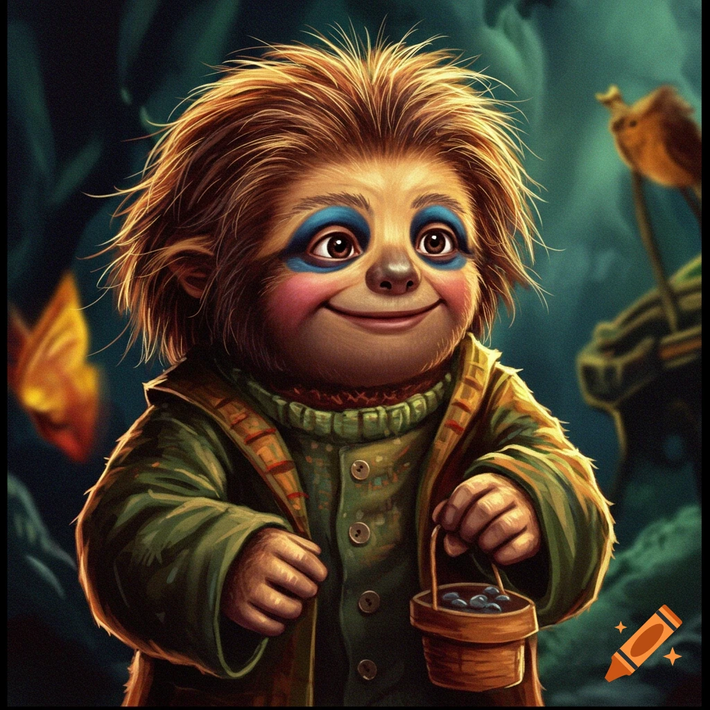 A cute, stylized sloth creature in a coat holding a basket of berries.