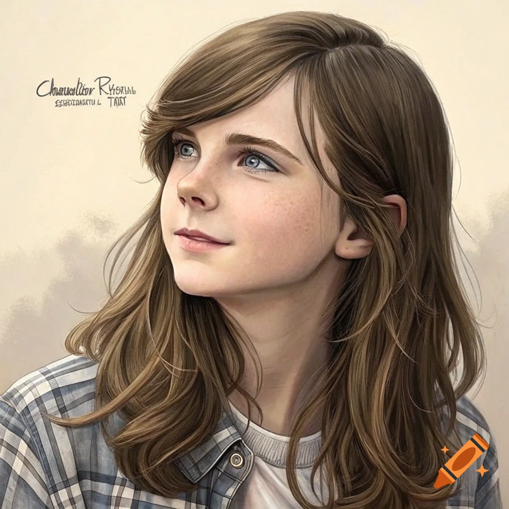 Portrait of a young girl with long brown hair and blue eyes, looking up, wearing a plaid shirt, fantasy art style