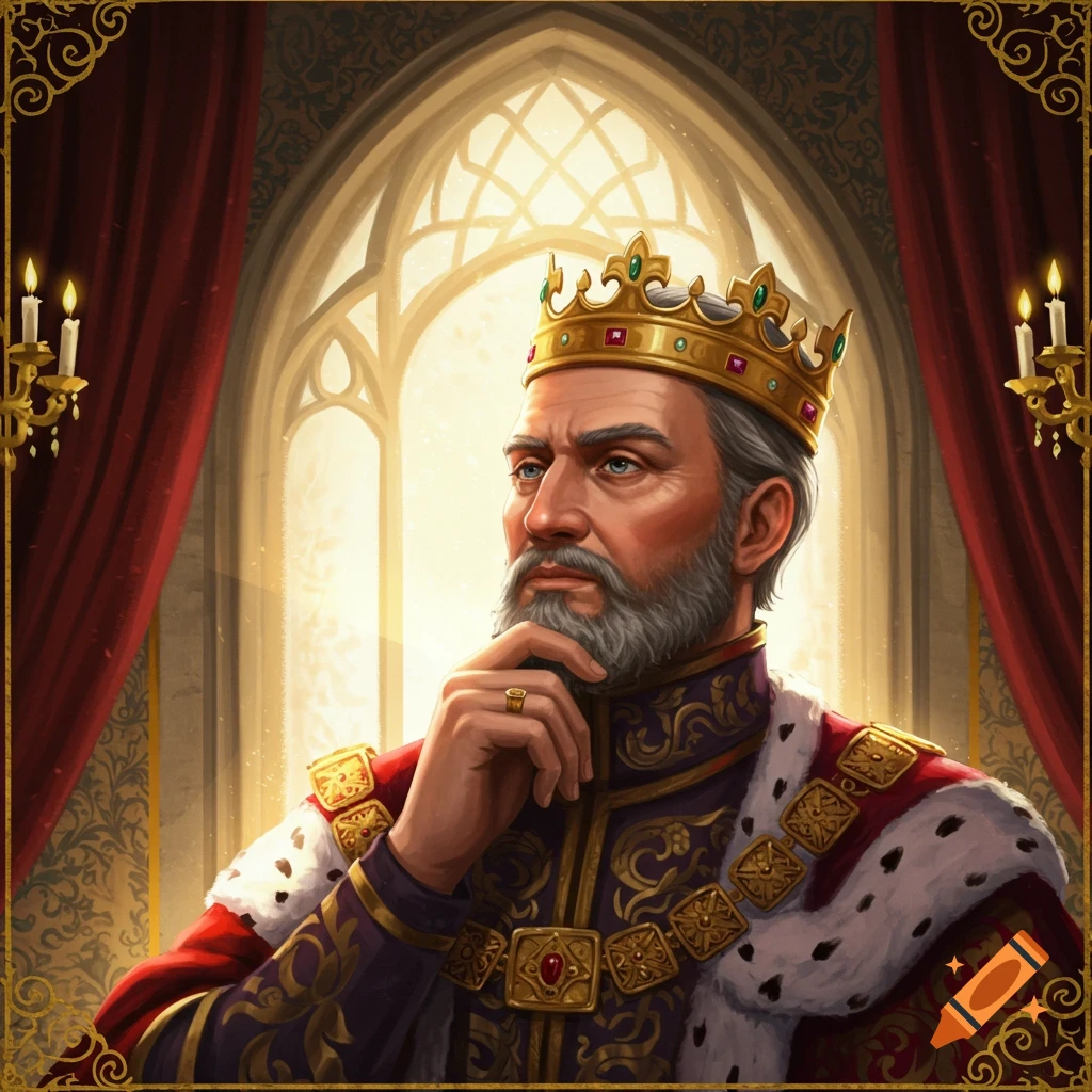 A thoughtful regent wearing a crown and ornate robes