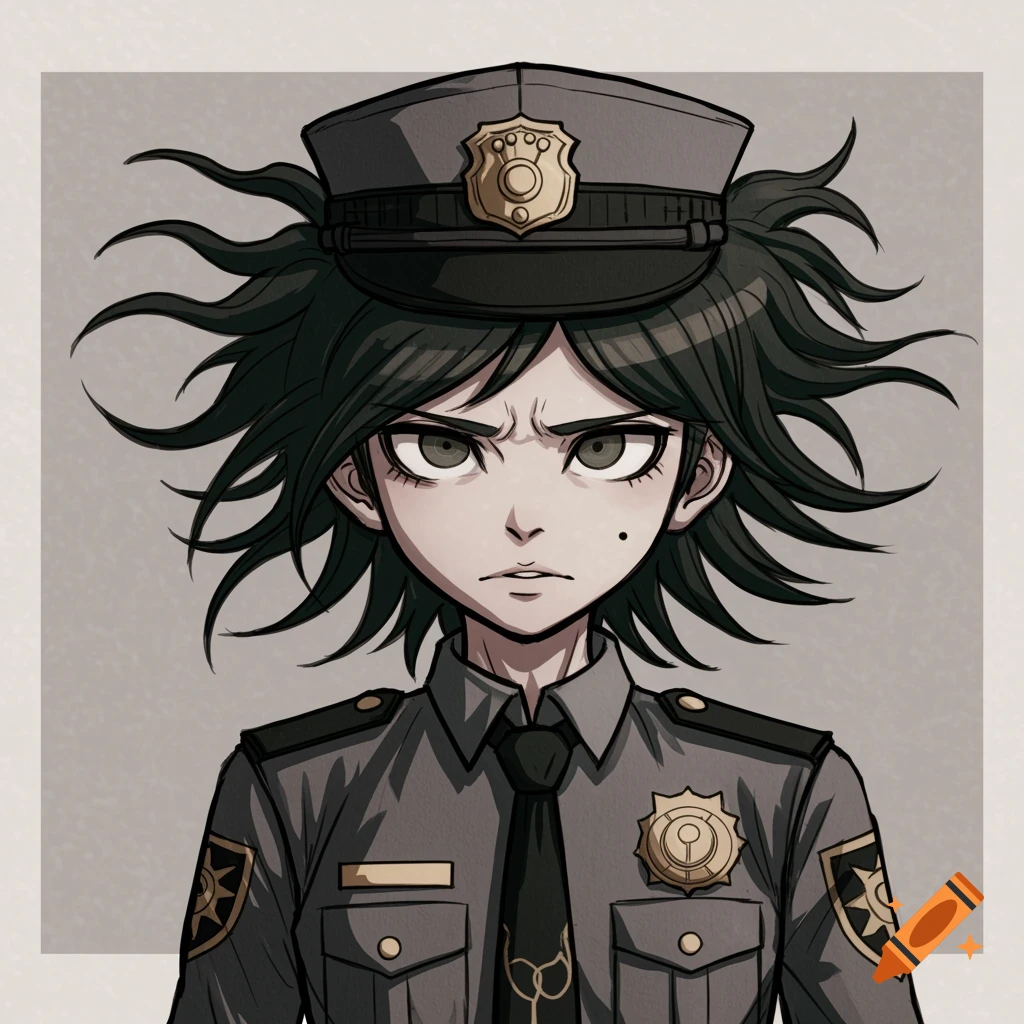 A scrawny anime character with dark, spiky hair wears a grey police uniform and looks angry in the Danganronpa style.