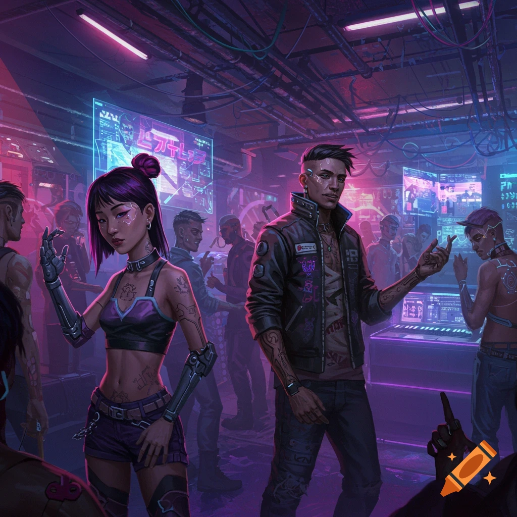 A cyberpunk party with people in a futuristic club with neon lights.