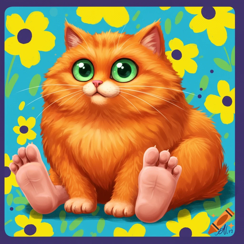 An orange cat with large green eyes and human feet is sitting on a blue background with yellow flowers.