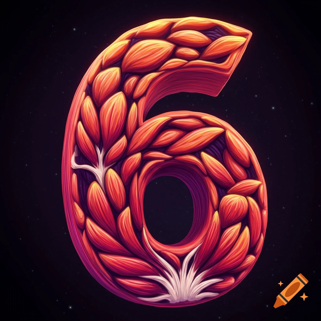 The number 6 stylized as interwoven muscle tissue or organic fibers on a dark background.