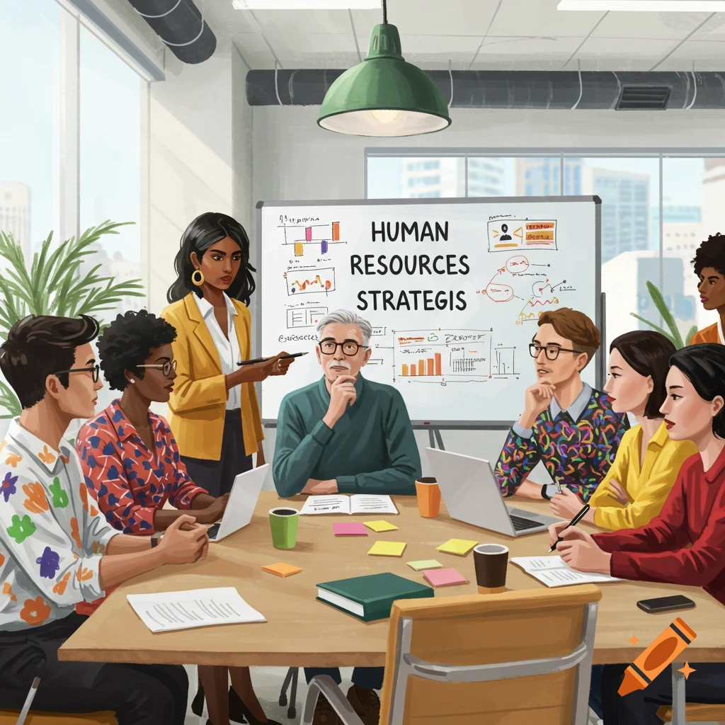A diverse team in a business meeting around a table with a whiteboard showing "HUMAN RESOURCES STRATEGIS".
