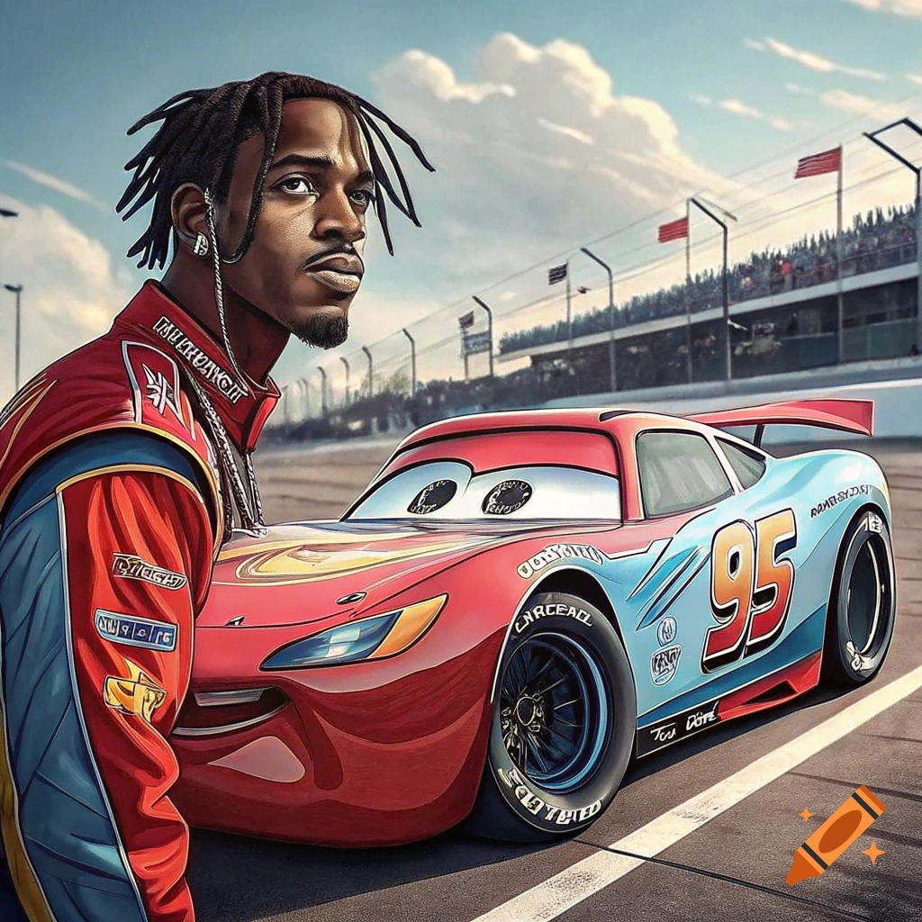 Stylized illustration of Travis Scott standing next to a Lightning McQueen-like race car on a track.