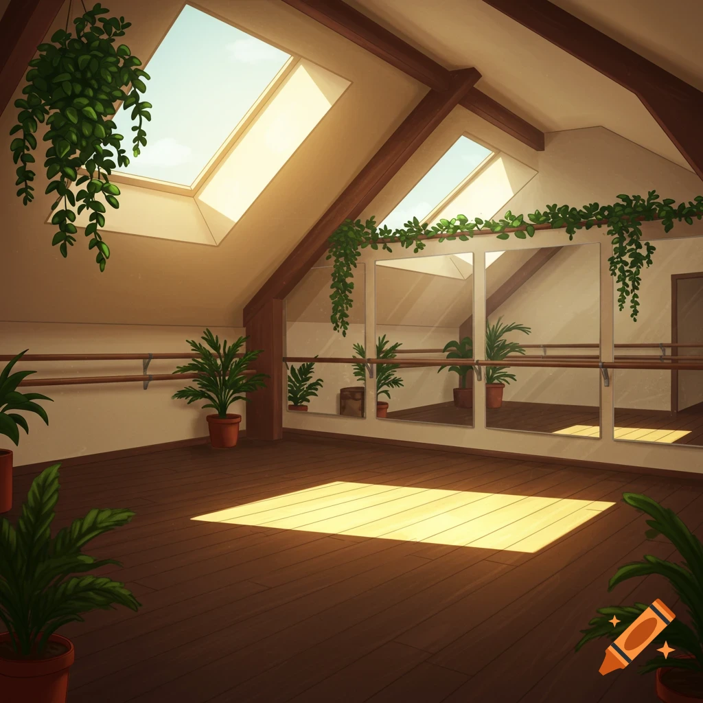 Sunlit dance studio with skylights, mirrors, potted plants, and a wooden floor.