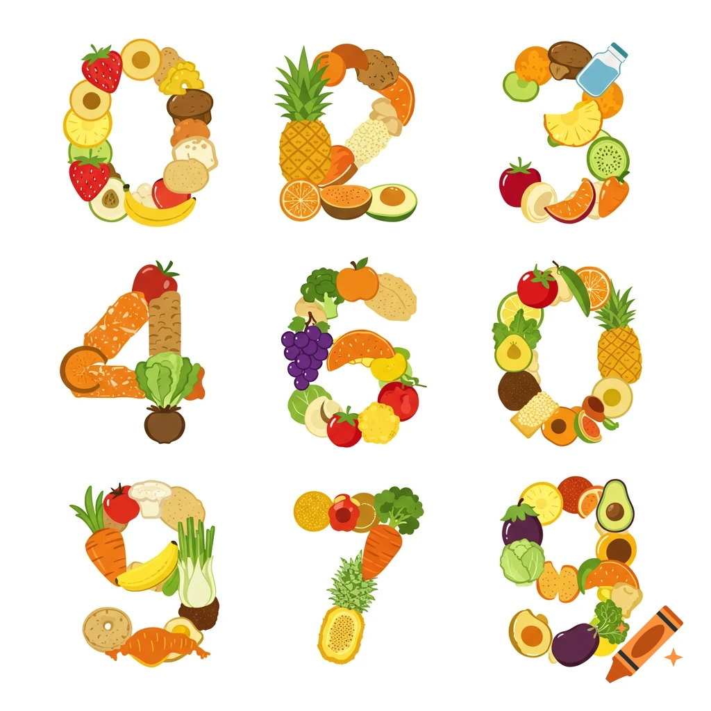 Vector illustration of the numbers 0 through 9 formed by colorful fruits, vegetables, and other food items.