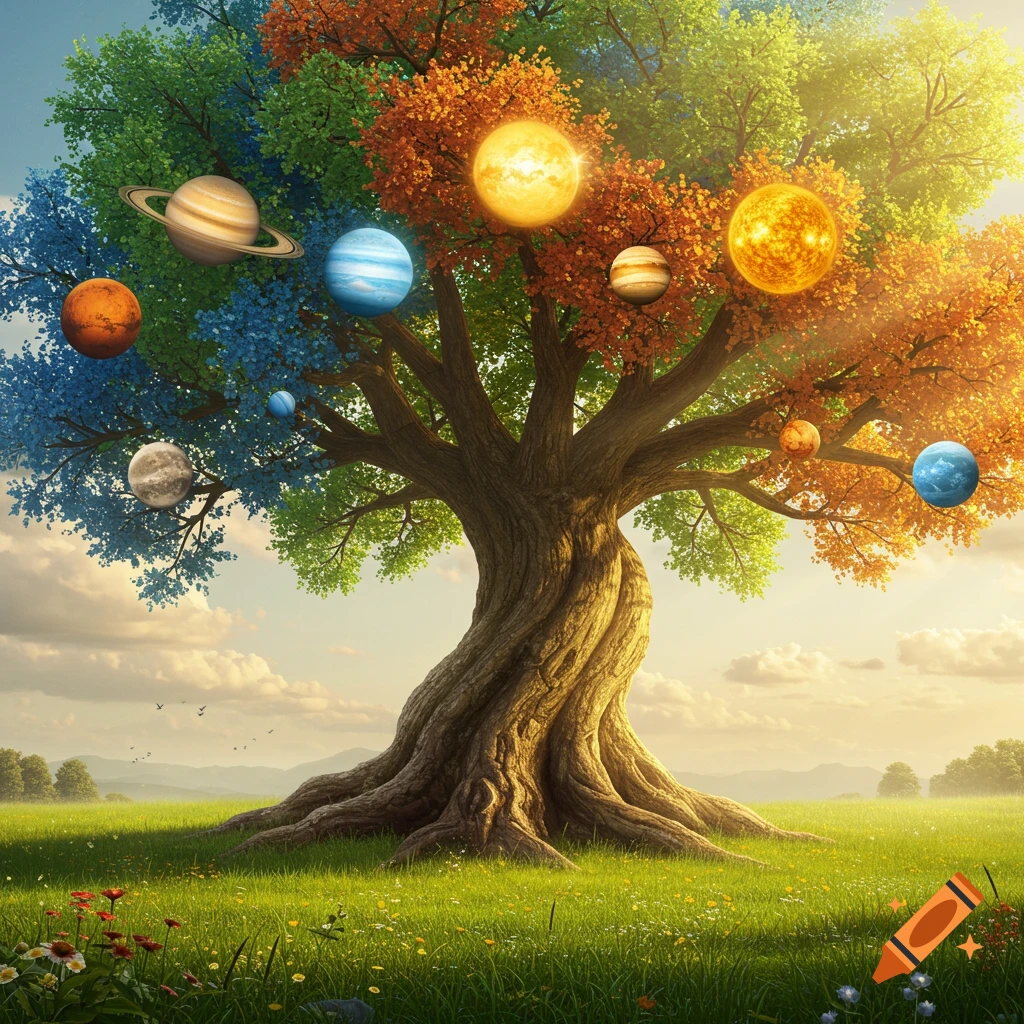 A giant tree with multicolored leaves holds planets in its branches, standing in a grassy field under a sunny sky.