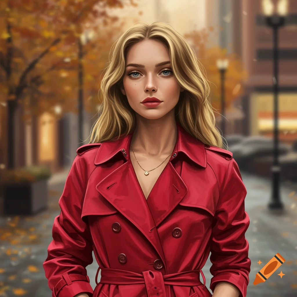 Woman in red trench coat on autumn city street.