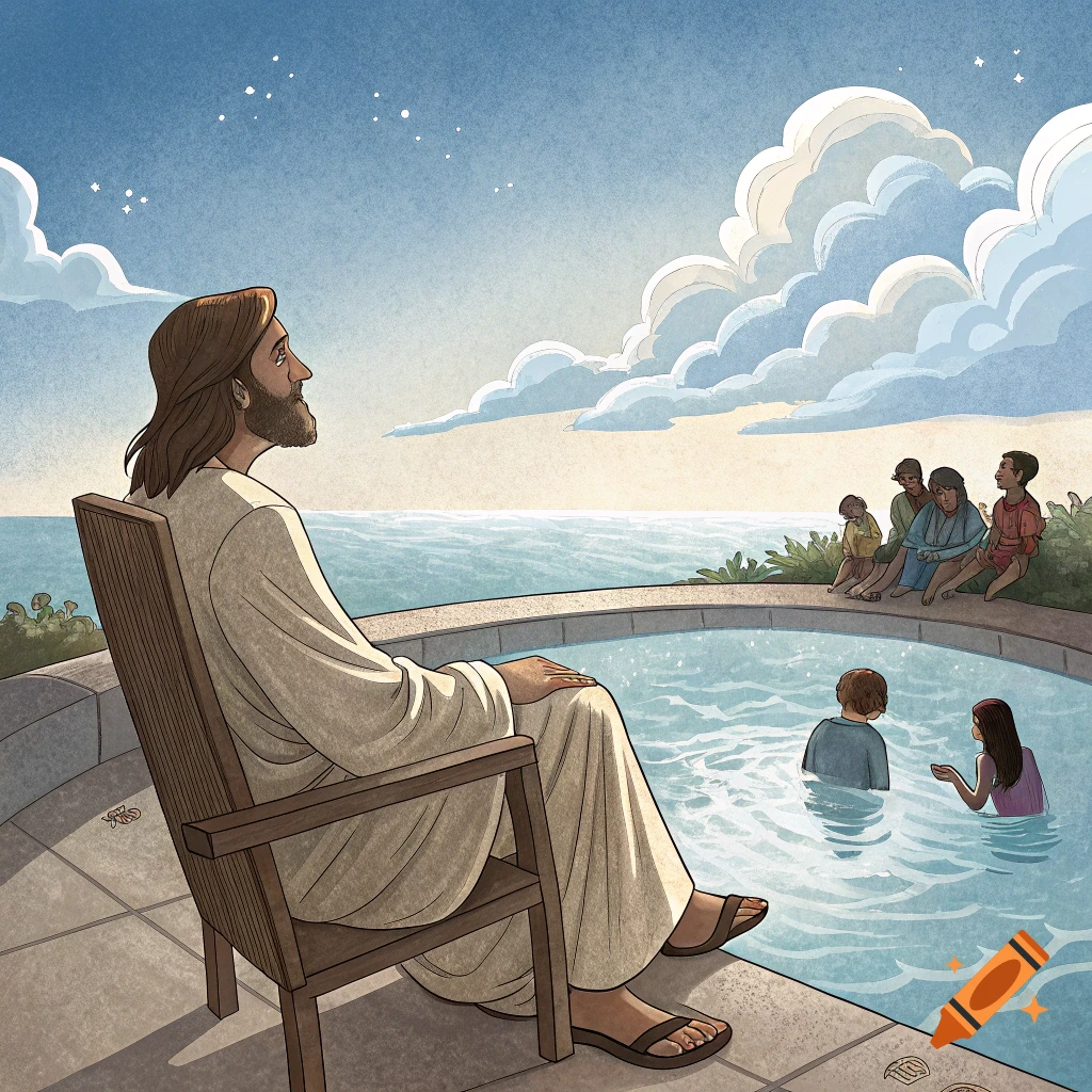 Illustration of Jesus sitting by a pool, watching over people swimming and sitting nearby.