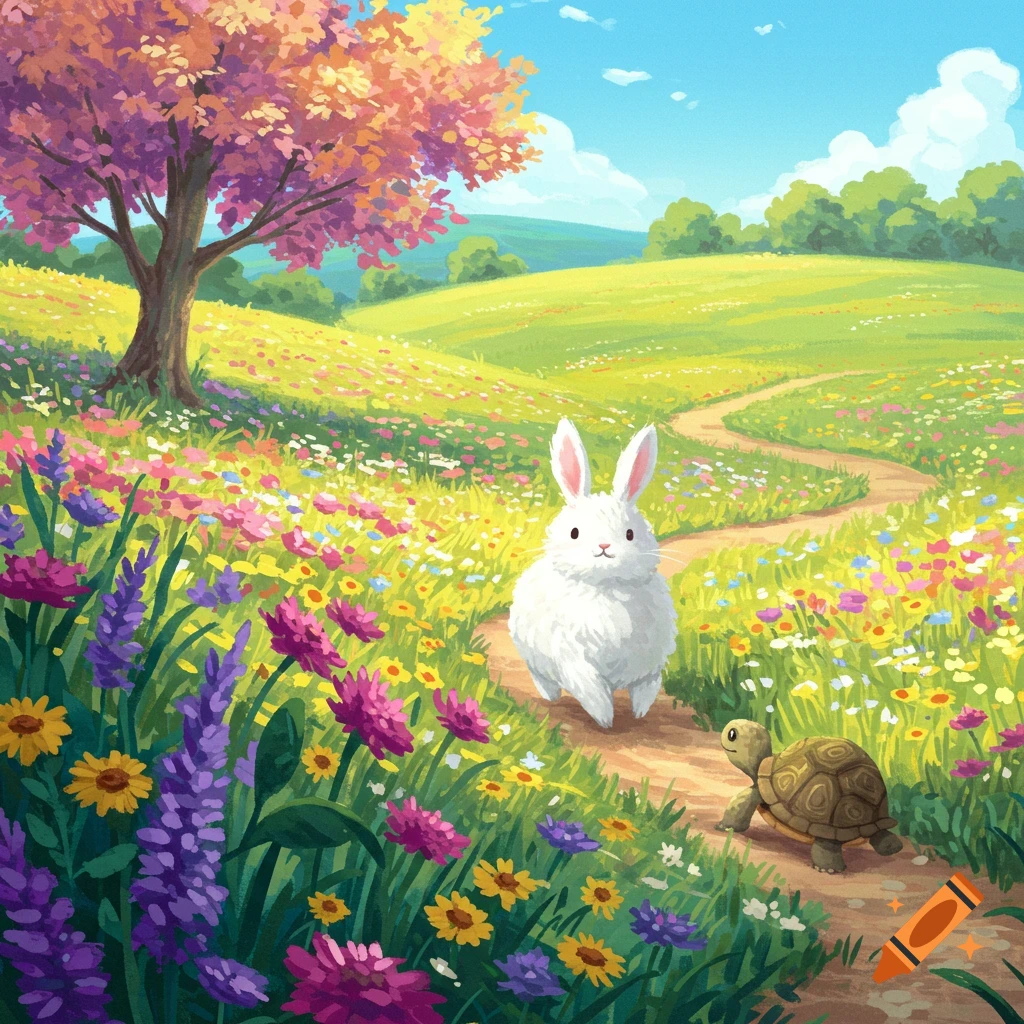 A white bunny and a turtle are on a path in a vibrant flower meadow.