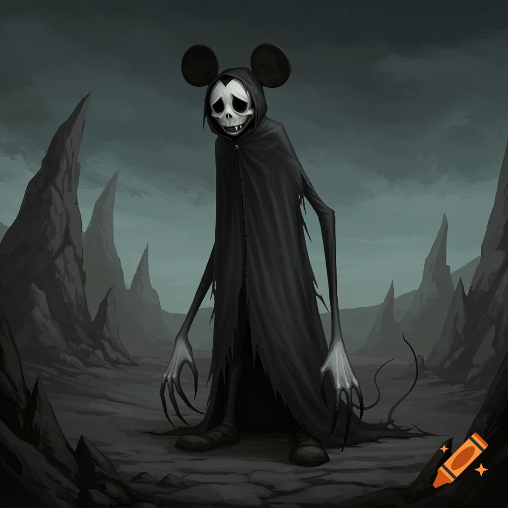 A skeletal figure in a black cloak with large ears in a desolate landscape.