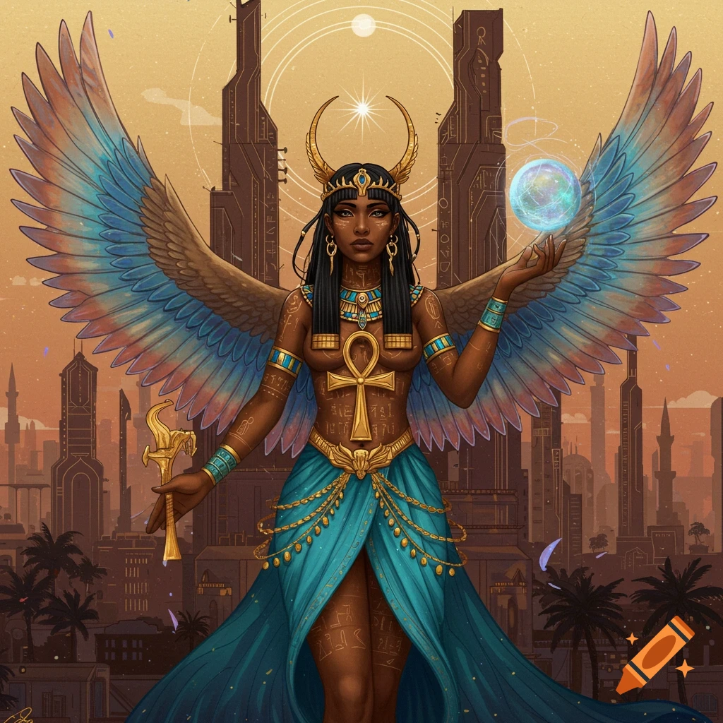 An Egyptian goddess figure with large wings, ornate attire, holding an orb and staff before a futuristic city.