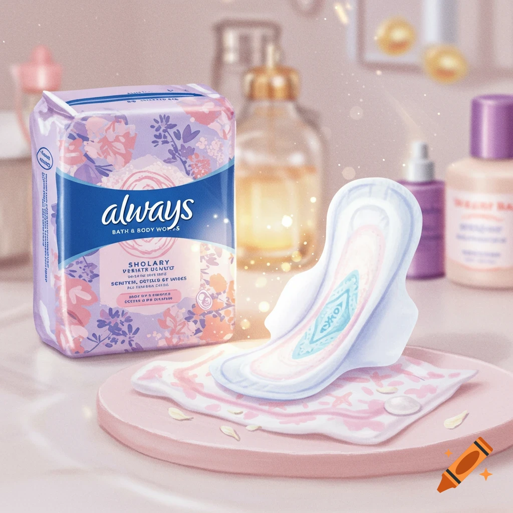 A package of \"always\" branded period pads next to a single pad on a pink surface.
