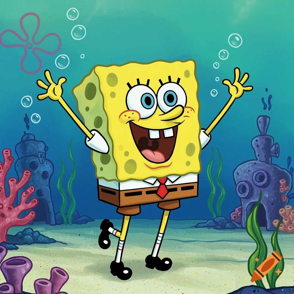 SpongeBob Squarepants smiles with arms raised in an underwater scene with coral and bubbles.
