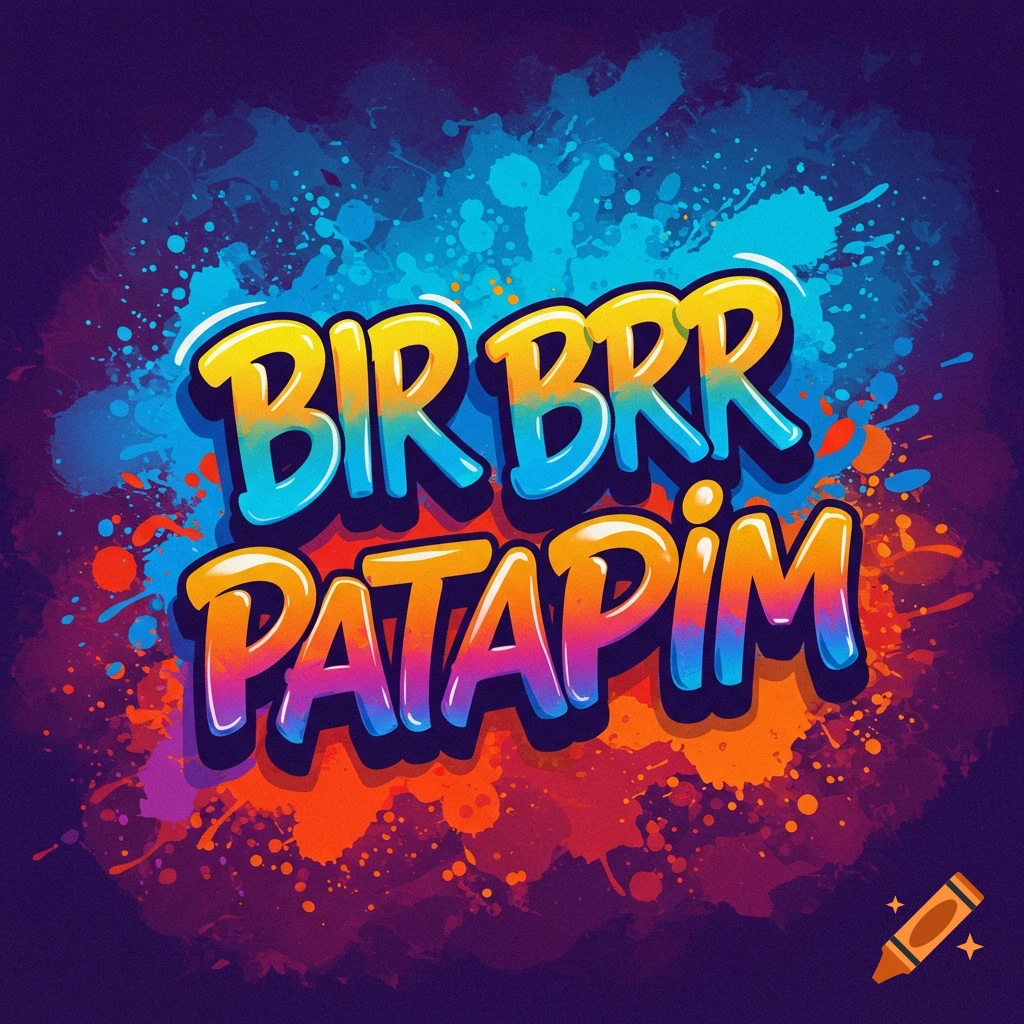Stylized colorful text 'BIR BRR PATAPIM' with paint splatters.