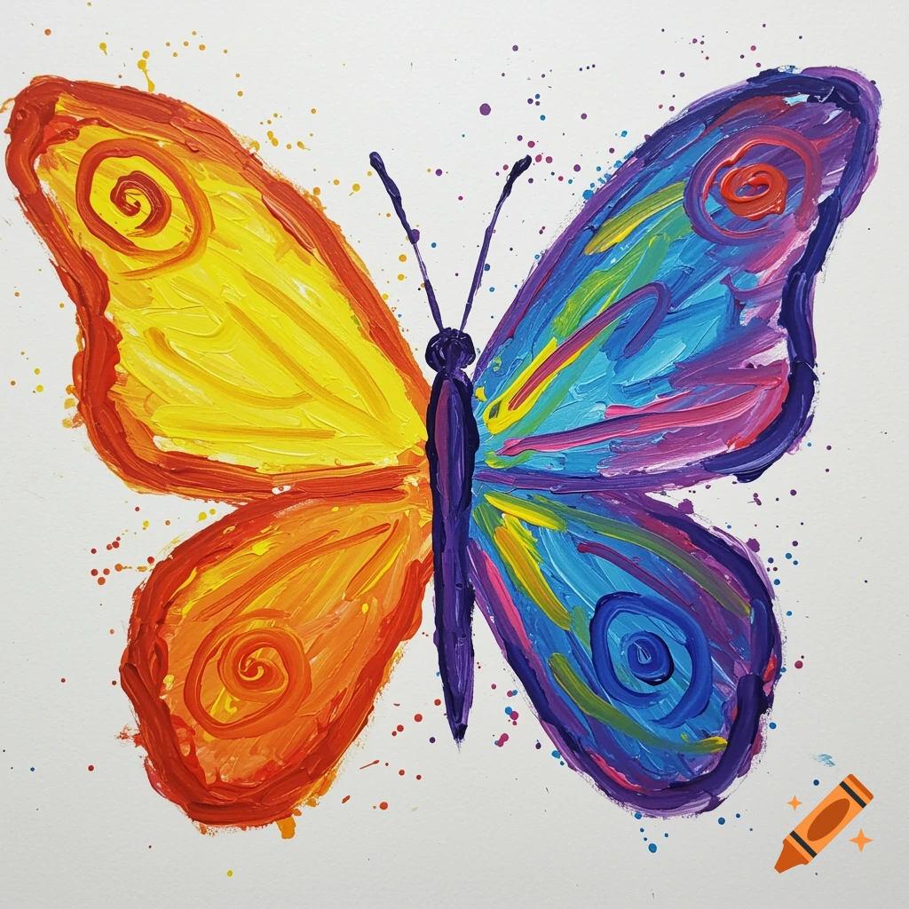 Colorful messy painted butterfly with mismatched wings and paint splatters