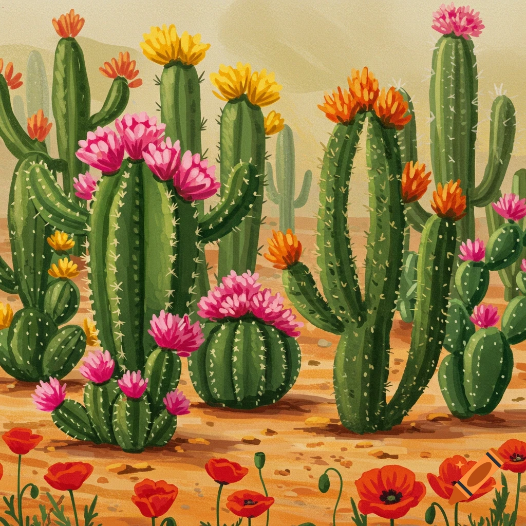 Blooming cacti and red poppies in a desert landscape.