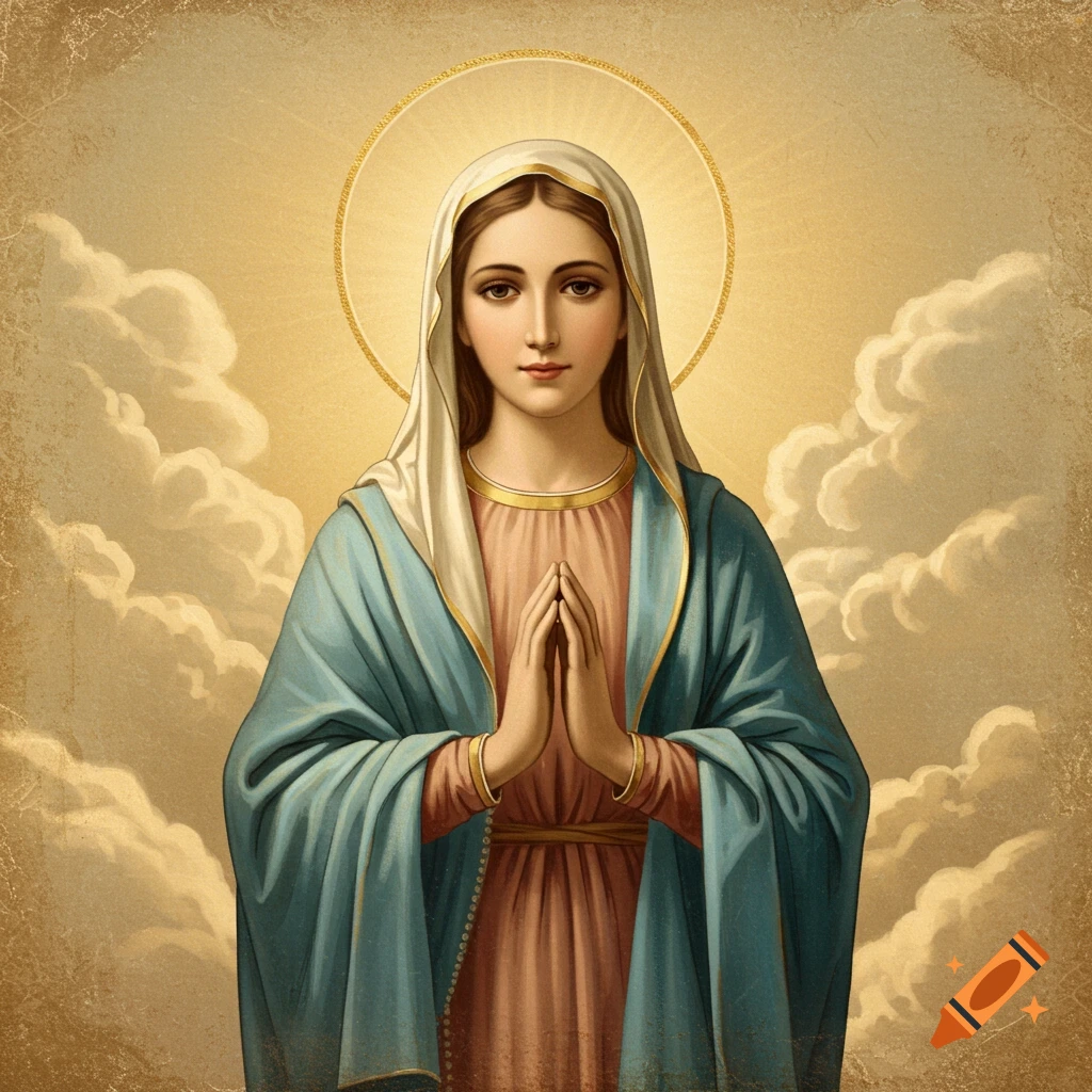 Vintage depiction of the Blessed Mother praying, with a halo and clouds.