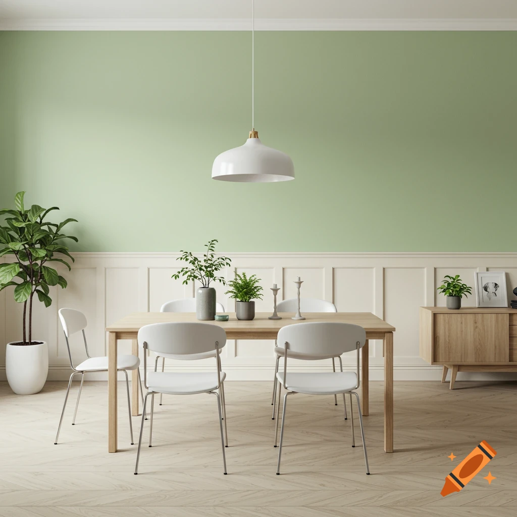 A dining room with light green walls and off-white paneling