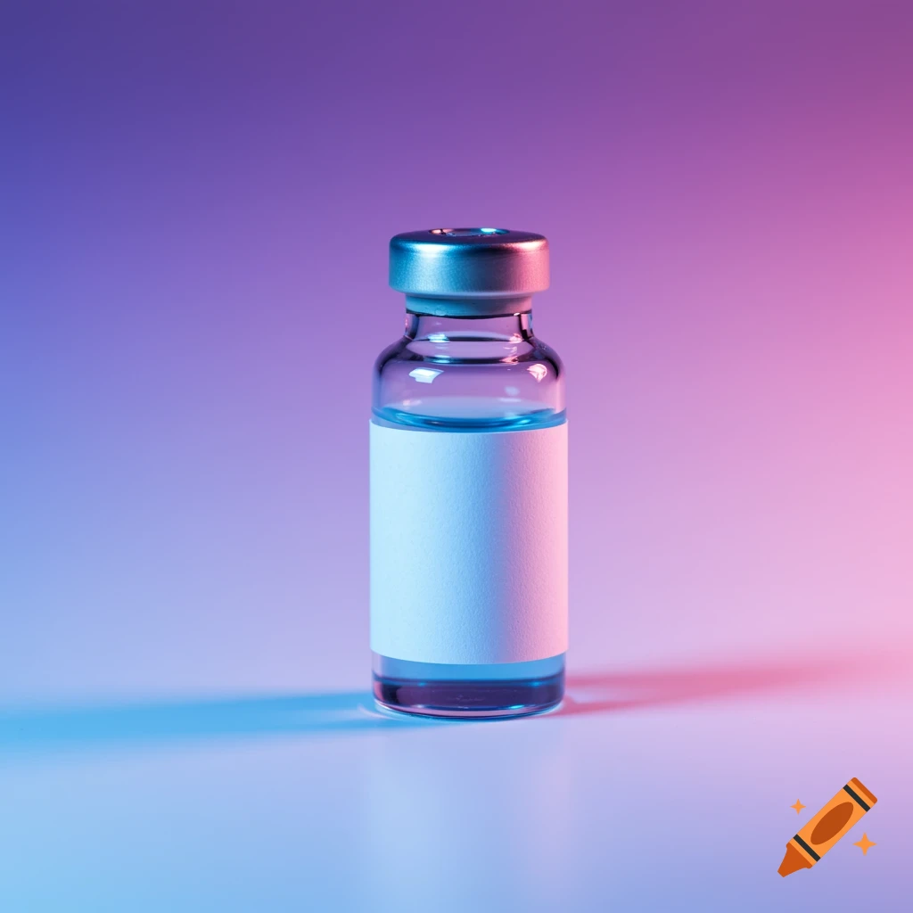Clear glass vial with blue liquid and blank label against purple-blue-pink gradient background.