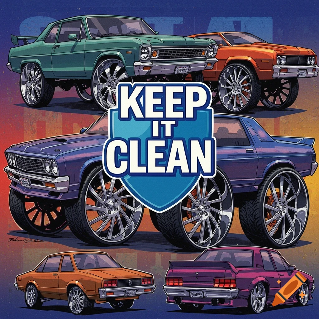 Stylized illustration of customized cars with large rims and a Keep It Clean logo.