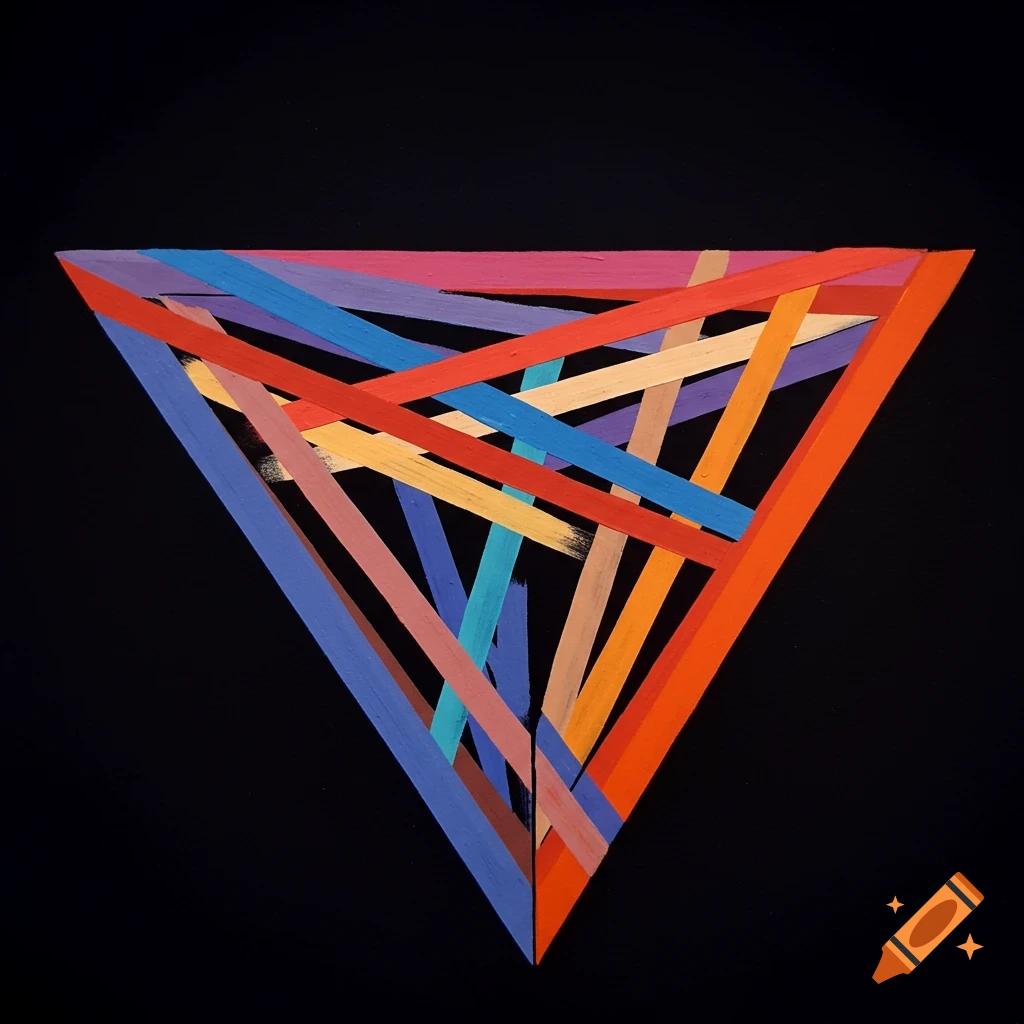An abstract triangle shape formed by overlapping colorful lines on a black background.