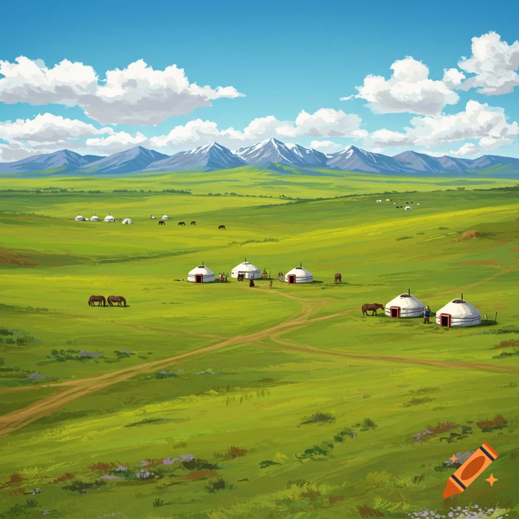 A vast green grassland landscape with yurts, people, horses, and mountains under a blue sky.