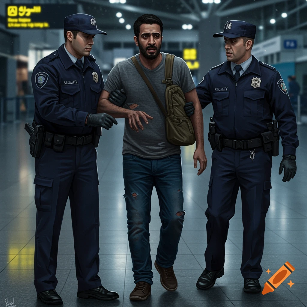 Photorealistic painting of two security officers holding a distressed man at an airport