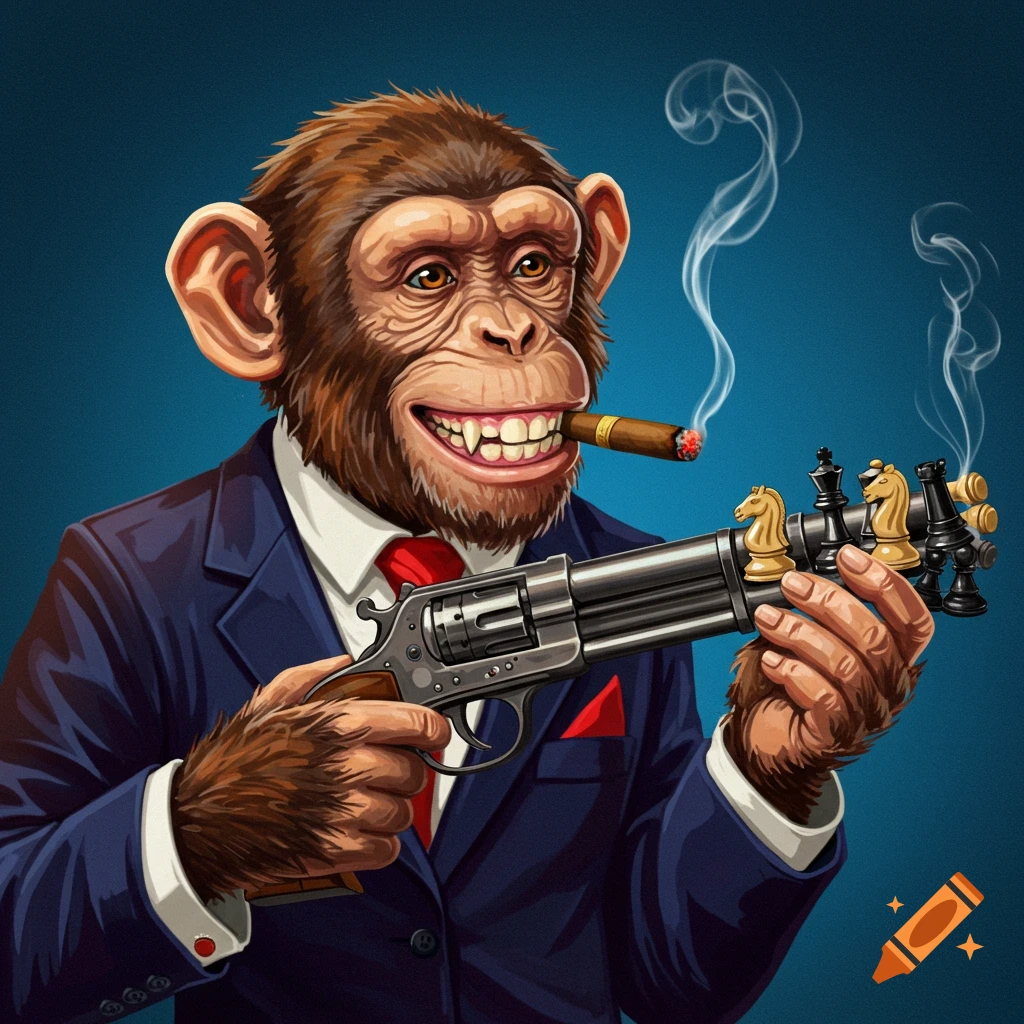 A monkey in a suit is holding a gun with chess pieces as bullets and smoking a cigar.
