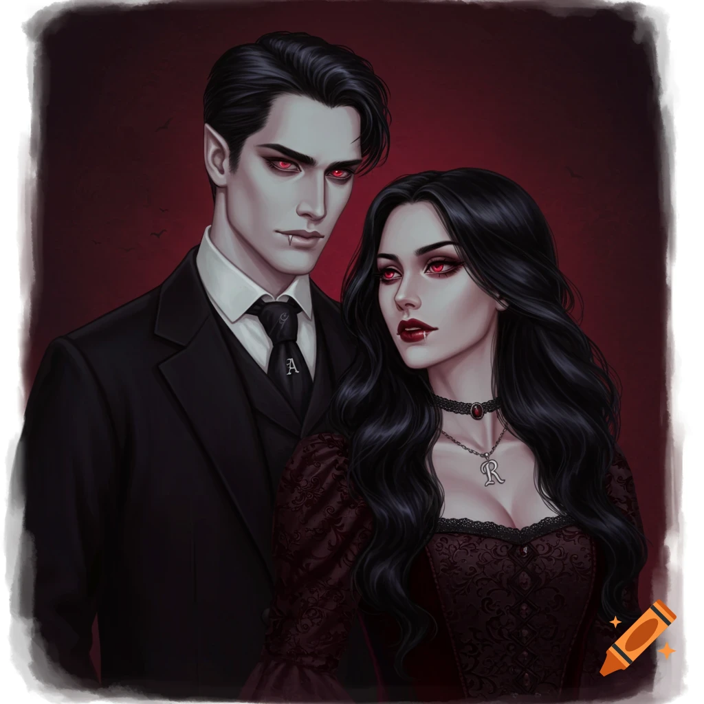A couple of vampires with striking red eyes and dark clothing.
