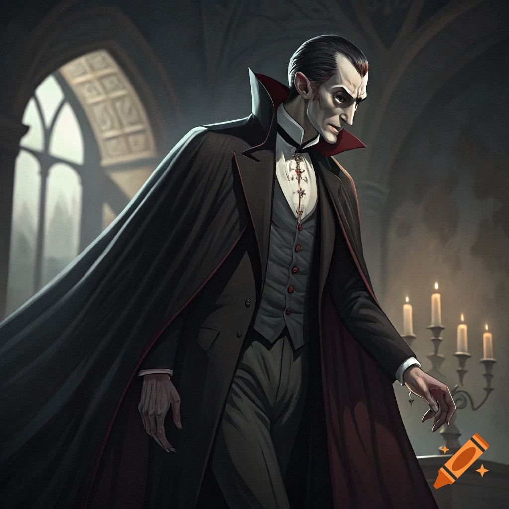 Illustration of a vampire standing in a dark gothic room