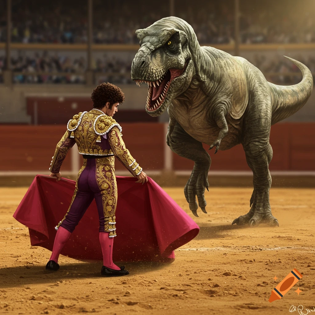 A matador faces a T-Rex in a bullfighting arena, holding a red cape.