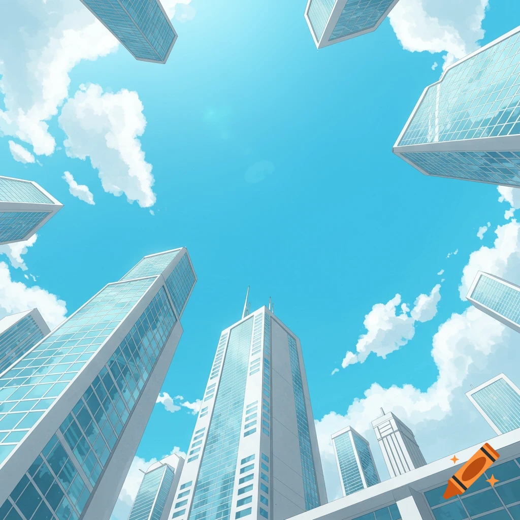 Low-angle view of stylized city skyscrapers against a bright blue sky with clouds.