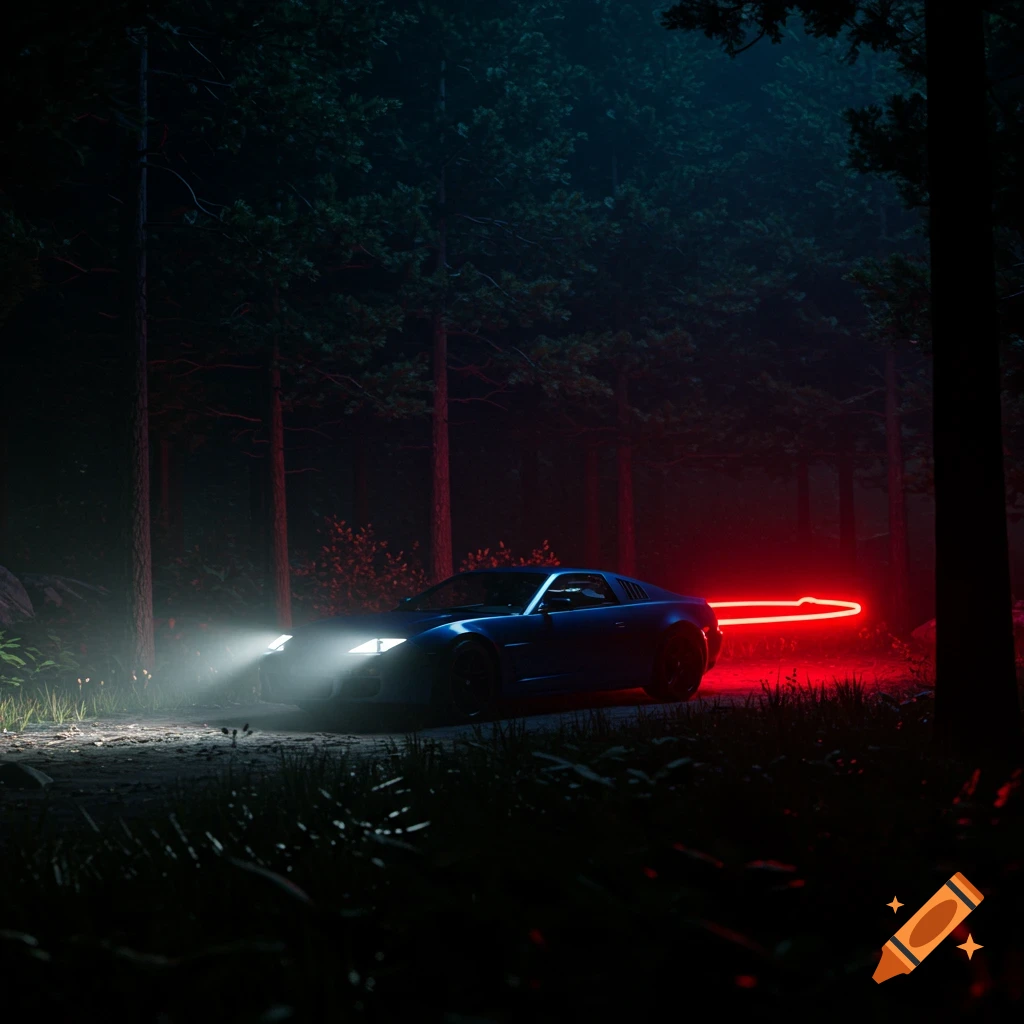 Blue car with headlights on driving through a dark forest at night, leaving a red glowing trail.