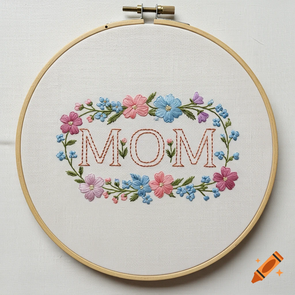 Embroidered hoop with the word MOM surrounded by colorful flowers