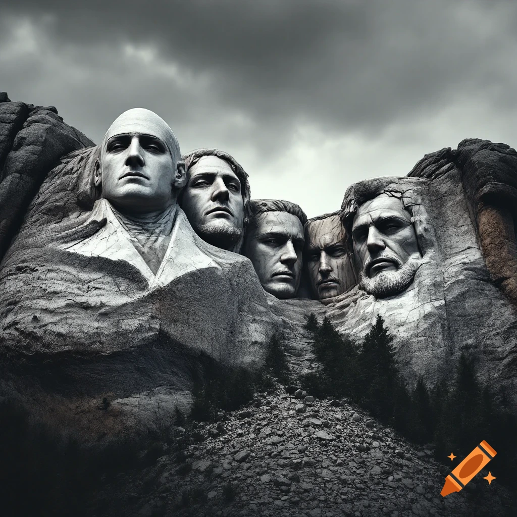 Grayscale stone monument carved into a mountain, featuring four large faces in a style resembling Mt. Rushmore.