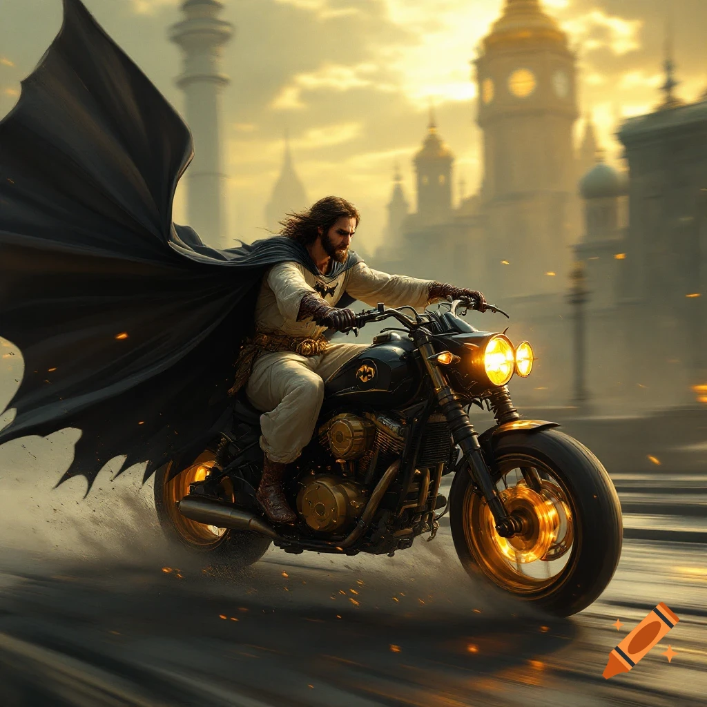 Figure resembling Jesus with a dark cape riding a motorcycle through a city street.