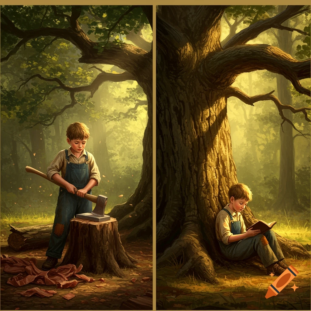 Split scene: boy chops wood in forest on left, boy reads book under tree on right.