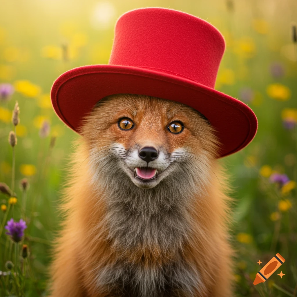 A cute fox wearing a red top hat sits in a field of yellow and purple flowers.