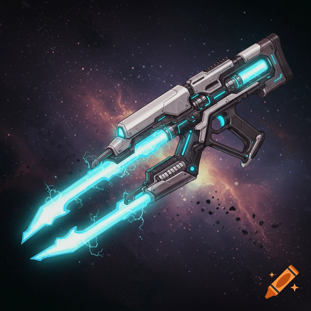 A futuristic weapon with glowing energy in space.