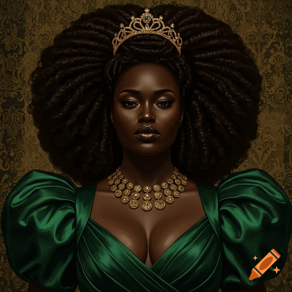 Digital portrait of a Black woman wearing a crown, green dress, and gold necklace, with a large hairstyle.