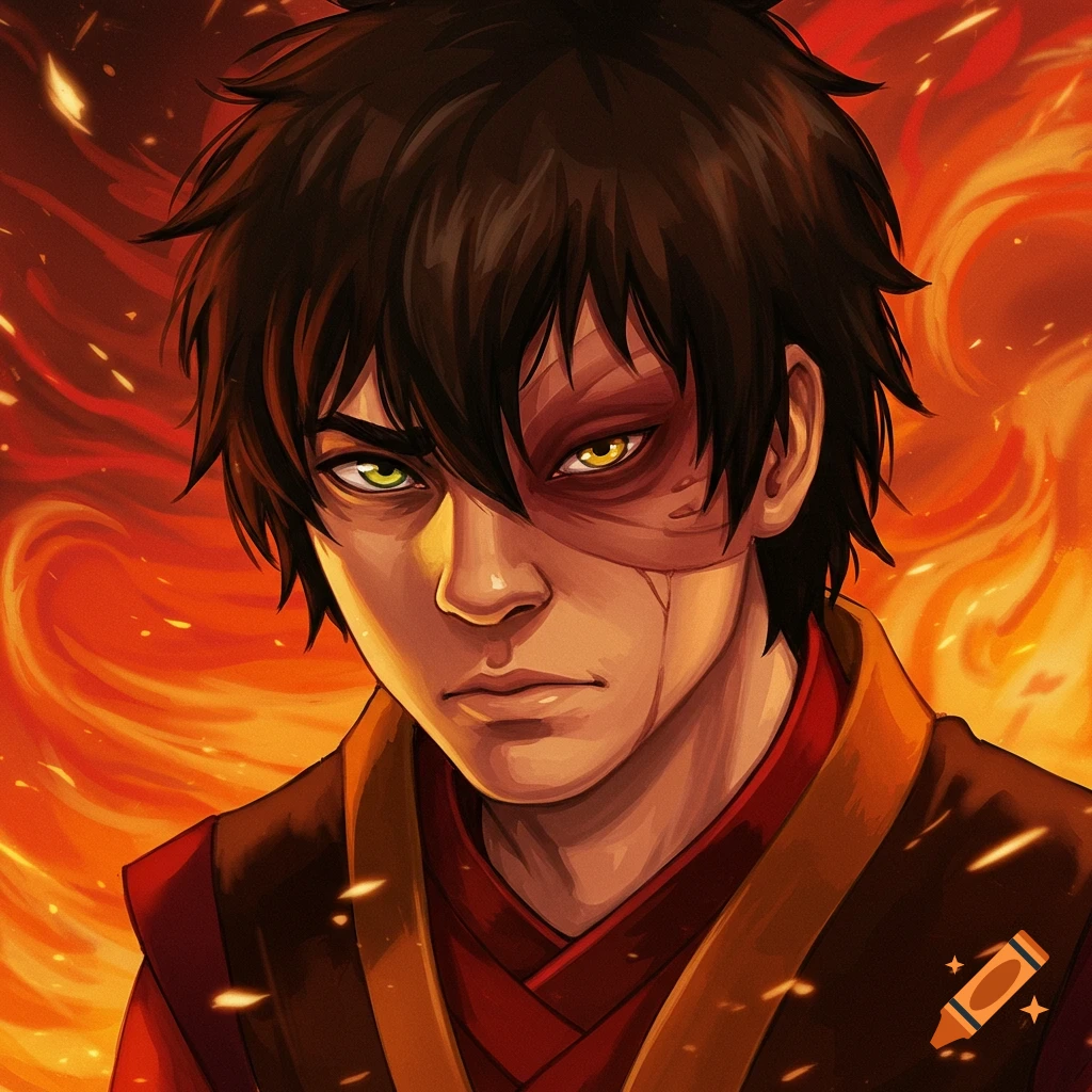 Portrait of Zuko with a burn scar and yellow eyes against a fiery background.