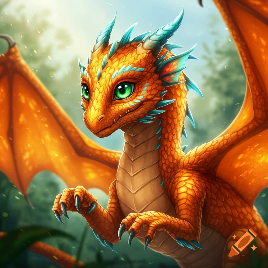 A young orange dragon with blue accents and large green eyes in a forest.