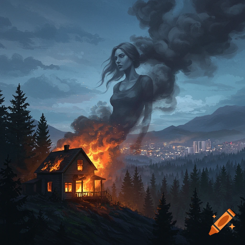 A burning house sits on a hill overlooking a city, with a ghostly woman rising from the smoke.