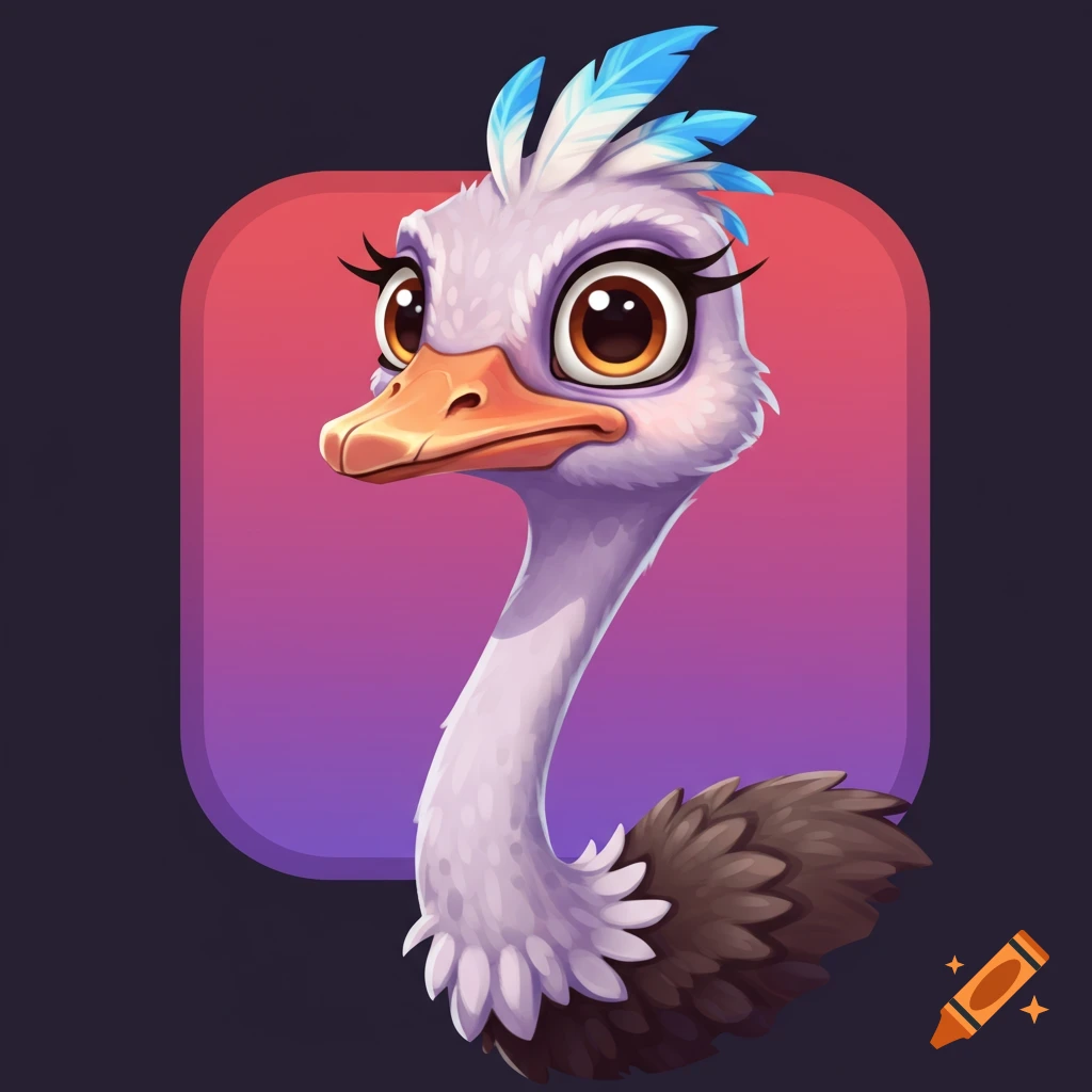 Stylized cartoon ostrich head profile icon with large eyes