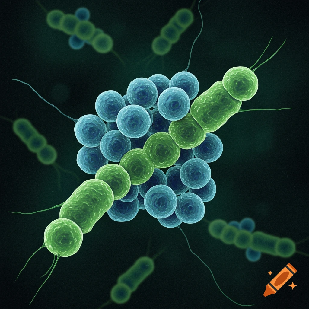 Microscopic view of clustered blue bacteria and green rod-shaped bacteria with flagella.