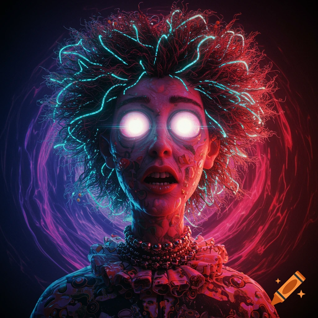 Close-up of a surreal, distorted face with glowing white eyes and wild red hair against a swirling background