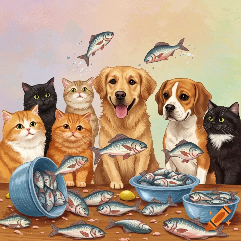 Several cats and dogs with bowls and piles of fish.
